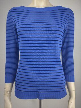 Karl Lagerfeld blue black striped 3/4 sleeve boat neck blouse top ladies Small